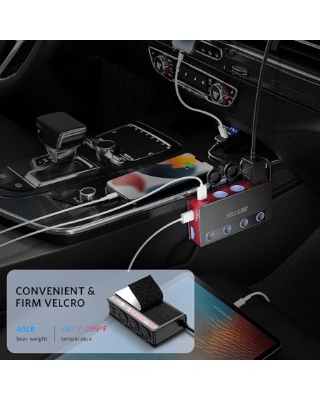 BESTEK 180W Cigarette Lighter Adapter Splitter with PD36W/65W and QC3.0 18W LED Voltage Display for 12V/24V Vehicles Red